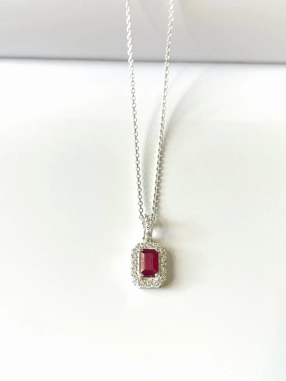 Ruby emerald cut Halo pendant necklace in 925 Sterling Silver